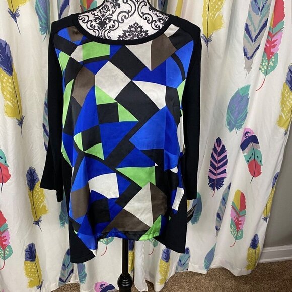 Alfani blue/green geometric mixed media 3/4 sleeve sweater. size medium - Picture 10 of 10